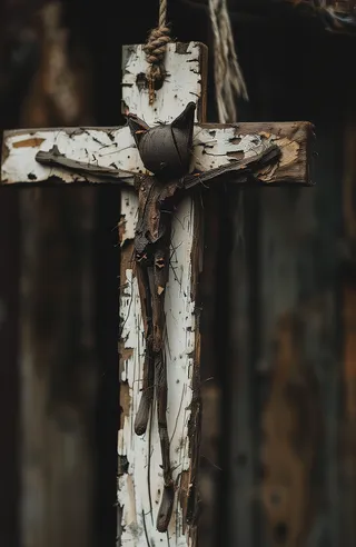 Close-up of a rustic weathered wooden cross with peeling white and brown paint, featuring a dark brown cat-like voodoo doll with rough texture, hanging by a rope in a moody, dark background.