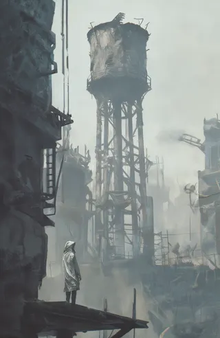 A lone figure in a white hoodie stands on a wooden platform amid a post-apocalyptic industrial landscape, featuring a large dilapidated water tower under soft diffused light and muted colors.