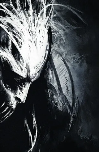 Monochromatic dark close-up of a grotesque humanoid creature with a skeletal face, elongated skull, sharp teeth and white wispy tendrils flowing from its head in a shadowy environment.