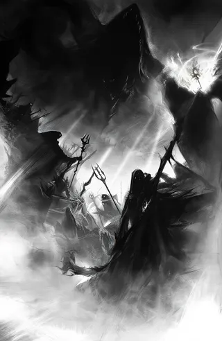 A dark fantasy scene in black and white featuring a large shadowy creature with a gaping mouth in the background, hooded and cloaked figures holding glowing staffs and tridents amidst misty fog and rocky terrain under dramatic lighting.
