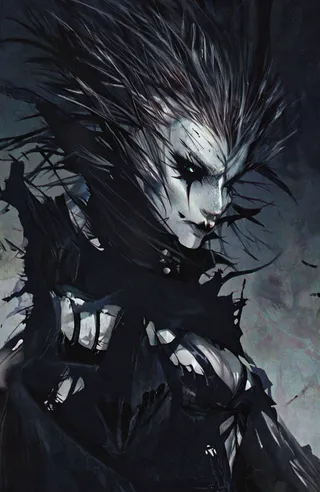 A dark, moody digital painting depicting a pale-skinned woman with a dramatic, sharp spiky hairstyle and heavy black makeup, wearing a tattered black cloak against a deep shadowy gradient background.
