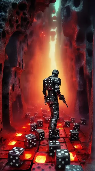 A robotic terminator covered in dice patterns stands in a fiery, surreal cavern filled with glowing red light and scattered dice.