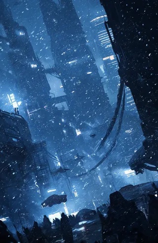 A moody, futuristic cityscape at night covered in falling snowflakes, with glowing windows and tall sci-fi buildings under a dark blue sky.