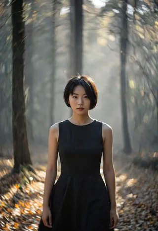 Close-up portrait of an Asian woman with short brunette hair wearing a black sleeveless dress standing in an autumn forest with fog and soft long shadows, blurred background.