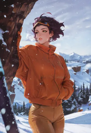 A woman with short purple hair and green eyes wearing an orange jacket and ski goggles on her head, standing against a snowy mountain cliff with snow falling and a clear blue sky.