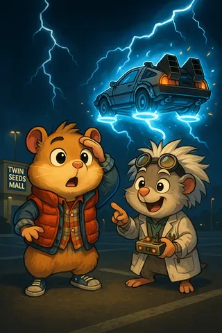 Cartoon-style illustration of two anthropomorphic hamsters resembling Marty and Doc from Back to the Future, standing in a stormy parking lot outside a miniature mall, with a glowing DeLorean hovering and emitting blue plasma rings during a time jump.