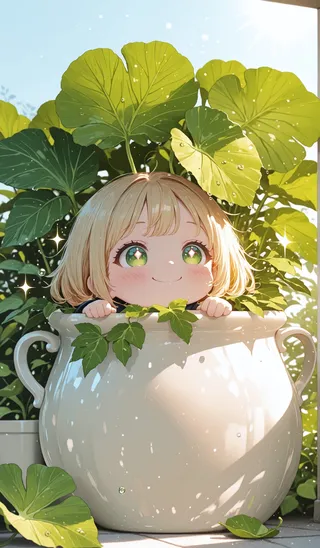 Cute chibi-style blonde girl peeking out from a large white plant pot surrounded by lush green leaves with sunlight sparkles and a vibrant garden background.