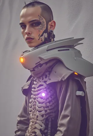 A futuristic humanoid figure wearing robotic armor with a skeletal design, glowing lights on the chest and shoulder, detailed face tattoo, and black techwear.