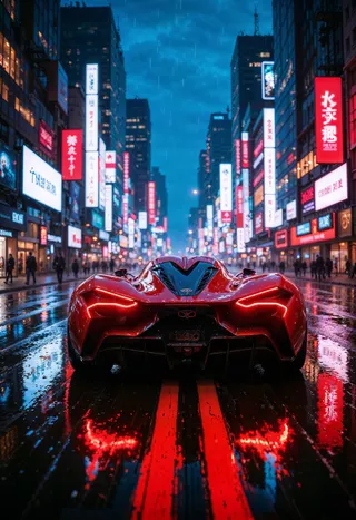 Rear view of a futuristic red supercar with glowing taillights driving on a wet street at dusk, surrounded by neon-lit high-rise buildings and digital billboards in the rain.