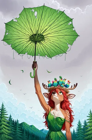 Anthropomorphic deer dryad with red hair, colorful birds on a nest crown, holding a torn green umbrella against a cloudy sky and forest background
