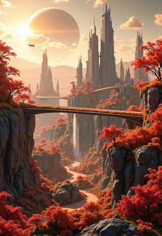 Photorealistic scene of towering futuristic skyscrapers on floating islands with lush red foliage connected by land bridges, orbiting Mars under a glowing sun with a shuttle flying.