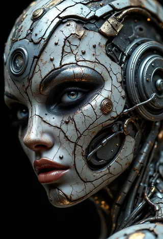 Close-up hyperrealistic portrait of a cyborg woman with cracked, metallic face plates, detailed mechanical parts, and piercing eyes.