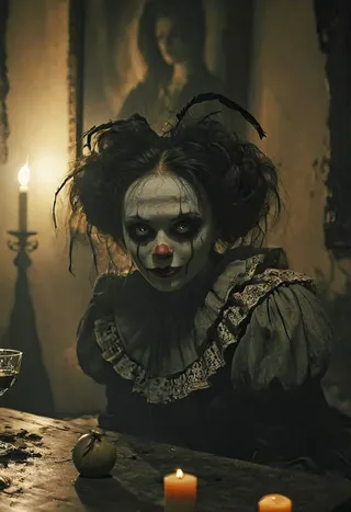 A woman dressed as a gothic clown with elaborate makeup, seated at a candlelit table in a dark, vintage cinematic setting.