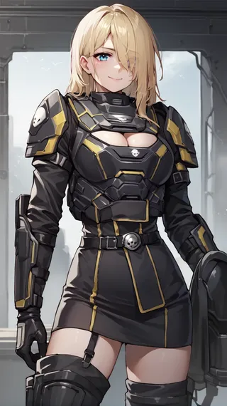 Anime girl with blonde hair and blue eyes wearing black and gold armor with a cleavage cutout, thighboots, and holding a helmet in one hand.