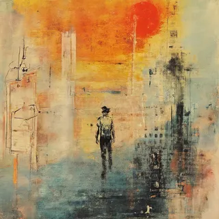 Surreal scene featuring a solitary man silhouette in an abstract textured urban landscape with prominent orange sun and subtle typography elements inspired by Rauschenberg.