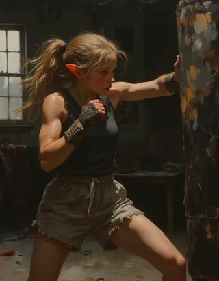 A young elf girl with blond hair and pointed ears trains intensely in a dimly lit, gritty boxing gym. She wears a black sleeveless shirt, faded shorts, and hand wraps, striking a heavy punching bag with muscular arms, captured in a realistic oil painting style reminiscent of Rembrandt.