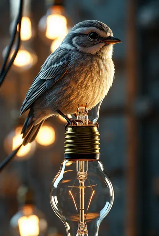 Photorealistic close-up of a small bird perched on a glowing light bulb with detailed feathers and warm lighting.