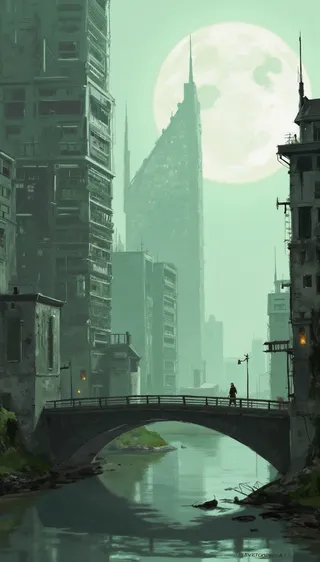 A futuristic cityscape featuring tall, angular buildings with a large, glowing ethereal moon dominating the misty sky. A narrow reflective bridge crosses calm water below with a solitary person walking across it.