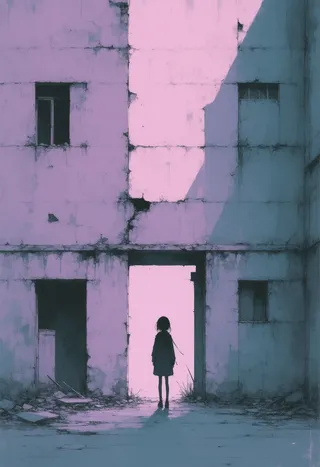 Silhouette of a solitary girl standing in the doorway of a weathered, pastel-colored building with soft light and shadow emphasizing a melancholic atmosphere