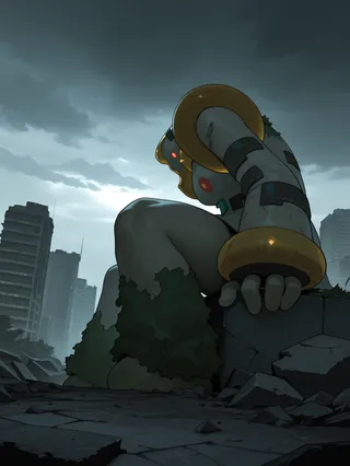 A giant robot with gold and gray armor sitting on rubble in a ruined city under dark moody skies, surrounded by debris and tall damaged buildings.