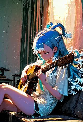Anime-style girl with blue hair sitting indoors playing an acoustic guitar in overexposed, warm lighting with a detailed, high-quality artistic style.