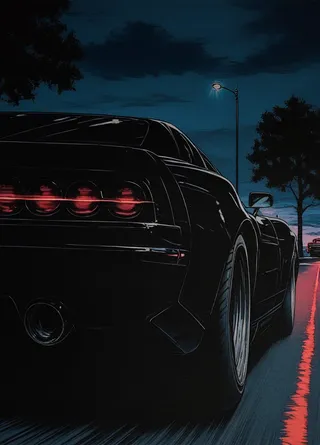 Black American muscle car driving on a road at night with red taillights and motion blur, illuminated by a streetlamp under a cloudy night sky.