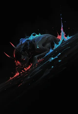 Dark-themed illustration of an oni crouching with a predatory look, accented by neon red and blue splashes on a black background featuring flat design and film grain effects.