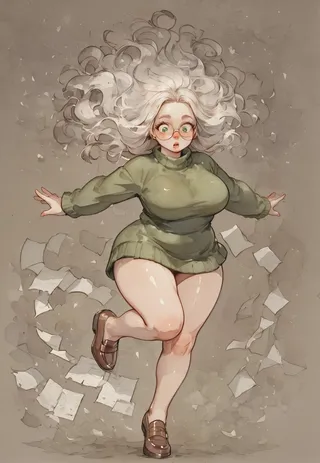 A curvy woman with platinum wavy hair and green eyes wearing large round glasses and a green sweater falls surrounded by flying papers, painted in a detailed watercolor style.