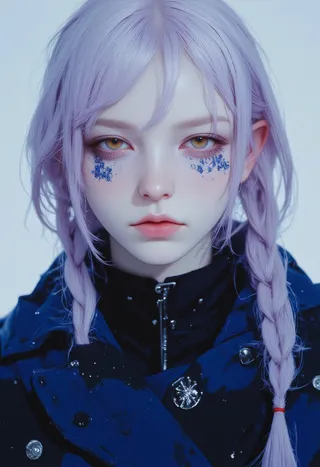 Portrait of a young Slavic woman with silver-lavender braided hair, pale amber eyes, soft pink lips, blue glitter under her eyes, and a dark blue coat.