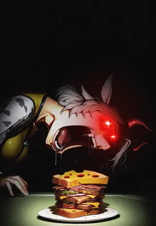 A dark portrait of an anime girl with glowing red eyes leaning over a table, drooling with an open mouth towards a tall sandwich stacked with cheese, bacon, and other ingredients.
