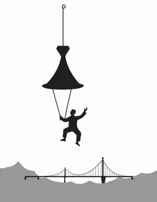 Black and white silhouette of a person swinging from a large hanging object above a suspension bridge over water.