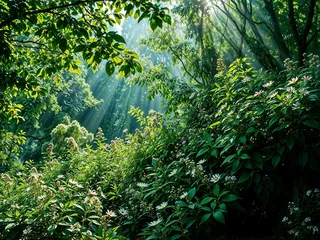 A dense sunlit forest with abundant green foliage and wildflowers bathed in soft morning light filtering through the trees.