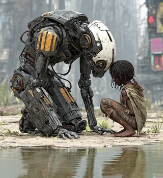 Detailed robot kneeling and gently touching the ground near a barefoot orphaned child in tattered clothing beside a reflective puddle in a post-war urban setting