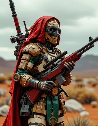Detailed Lego vikingpunk female figure wearing intricate futuristic golden and green armor with Celtic runes, a red cloak, and holding a red M41A rifle in a desert setting.