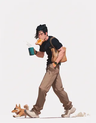 A young man with black hair walks while holding a cup and a slice of toast in his mouth, accompanied by a small dog carrying a piece of bread.