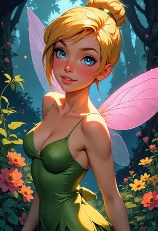 A stunning semi-realistic illustration of TinkerBell with bright blue eyes, blonde hair styled in a bun, wearing a green dress and pink fairy wings, set in a colorful magical forest.