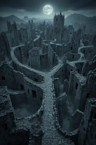 A moonlit ancient medieval city seen from above, showing ruined gray stone houses and walls with creepy shadows under a full cold moon.