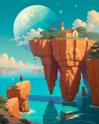 Ethereal fantasy landscape of limestone cliffs with a chapel and trees on top, overlooking a turquoise bay with a boat, under a large celestial moon and blue sky.