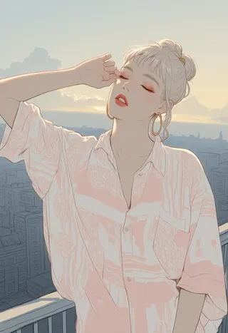 Platinum blonde young woman with closed eyes and hoop earrings, wearing oversized patterned shirt, posing relaxed on balcony with cityscape and cloudy sky in soft pastel colors.