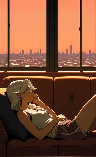 A girl with a braided ponytail lounges on a brown sofa looking out a large window with an expansive cityscape under an orange sky at sunset, lit by cinematic volumetric lighting and dramatic shadows.