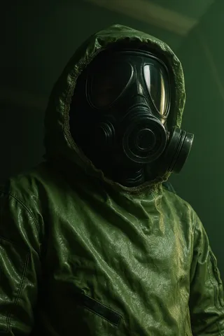 Portrait of a mysterious figure wearing a green hazmat suit and black gas mask with reflective lenses, illuminated by dramatic moody green lighting.