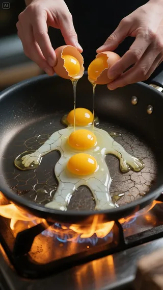 Two hands cracking eggs into a frying pan where egg yolks form a humanoid shape and egg whites flow elegantly, with realistic flames underneath.