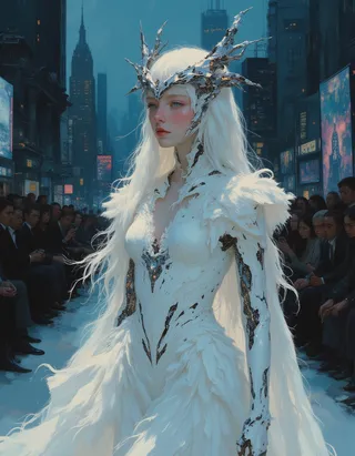 A stunning young female android model with long white hair and translucent synthetic skin wears a flowing liquid-metal gown and a metallic cybernetic crown, walking on an ultramodern city runway surrounded by an intrigued audience.