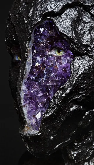 Close-up portrait of a face carved from matte black basalt with an amethyst geode cavity revealing purple crystals and a green eye under focused spotlight lighting.