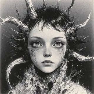 Black and white dark surreal portrait of a girl with porcelain-like face, expressionless eyes, and organic, tree-branch textures emerging around her head and shoulders.