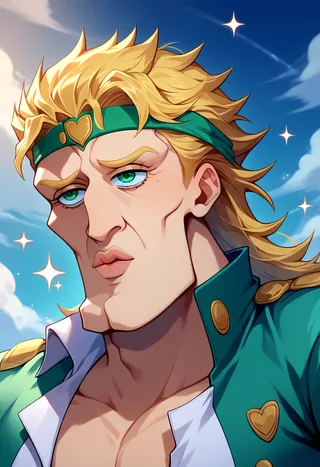 A handsome male anime character with golden blonde hair, wearing a distinctive green headband with a heart emblem, dressed in a green uniform jacket with golden buttons, set against a blue sky with sparkling effects.
