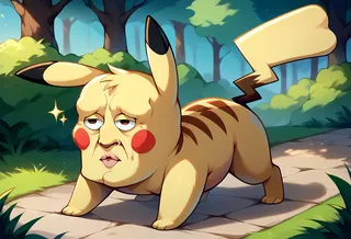A stylized yellow-furred Pikachu creature walking on all fours outdoors with a human-like, expressive face and sparkling details.
