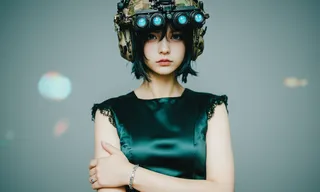 A young woman with short teal hair wearing a tan camouflage protective n0ds helmet with glowing blue quad-tube optics, dressed in a sleek emerald green satin dress, standing against a gray background.