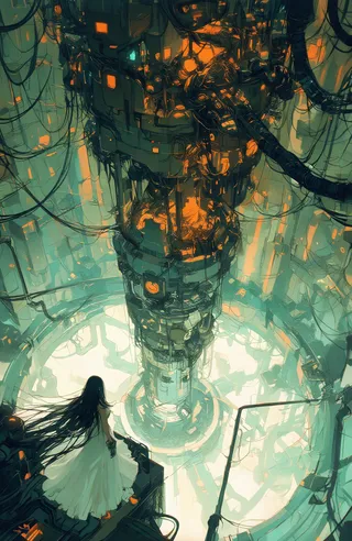 Overhead perspective of a woman with long black hair and white dress standing inside a large transparent cylindrical chamber surrounded by complex cyberpunk machinery and glowing green and orange lights in a futuristic industrial setting.