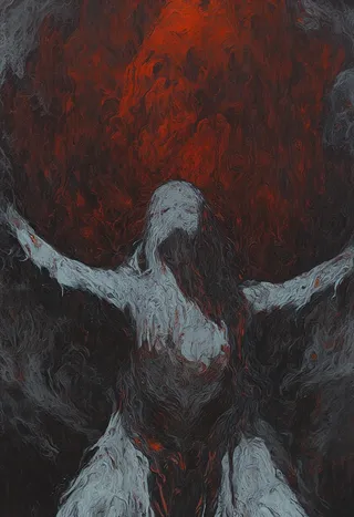 Digital painting of a young woman angel in abstract darkness with deep red and black background, inspired by Ashley Wood's style.